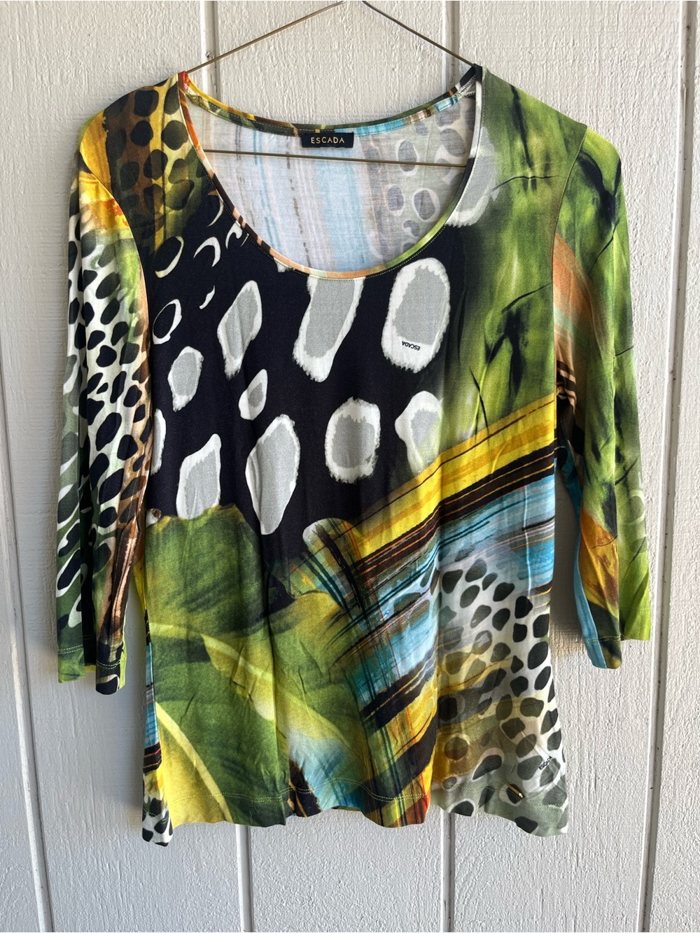 Escada‎ Vintage Abstract Print 3/4 Sleeve Stretch Jersey Top